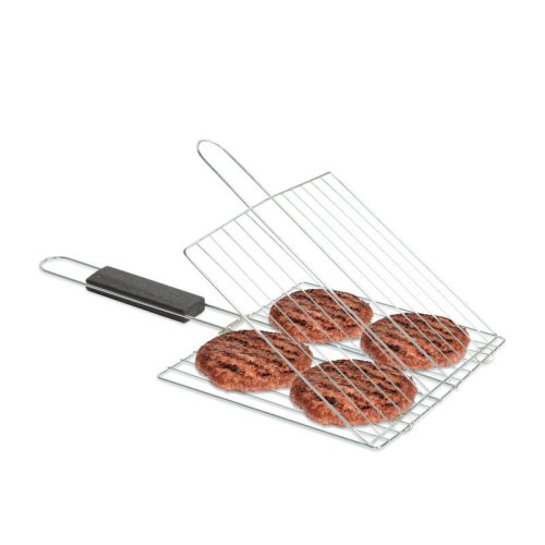 BBQ Grill hamburger sütő rács - króm bevonattal, fa nyéllel - 38 x 22 cm