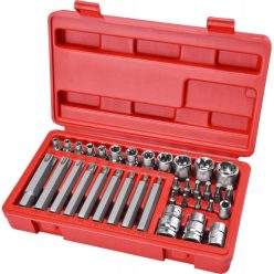  EXTOL PREMIUM BIT és dugókulcs klt. 35 db TORX, 1/4"+8mm+10mm+12mm BIT-ek, 1/4"+3/8" dugófejek, adapterek C.V. acél, műanyag dobozban