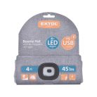 EXTOL LIGHT sapka, szürke, kötött, kivehető LED homloklámpával, 4×45 Lumen; USB tölthető Li-ion akku, 3funkció (100%-75%-50% fén