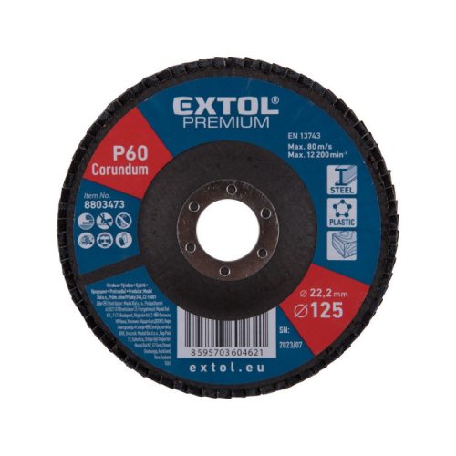 EXTOL PREMIUM lamellás csiszoló acél, Alu, műa. és fa munkadarabok csiszolására, 125×22mm; P80, kúpos, max.:12.300 ford./perc, E