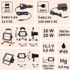 EXTOL LIGHT hordozható LED lámpa (reflektor), 10/20W; 1400 Lm, IP65, Li-ion akkus, 4400 mAh, tölthető: 230V és 12V is, 1,5kg