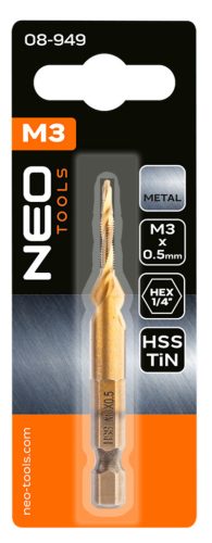 NEO TOOLS Gépi menetfúró, 2az1ben előfúró éllel, HSS-Titán, M3X0,5mm, hatszög szárral 08-949