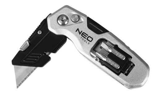 NEO TOOLS Trapézpengés kés, összecsukható, alu házas, 1+3 penge, 2 db csavarhúzóbittel 63-705