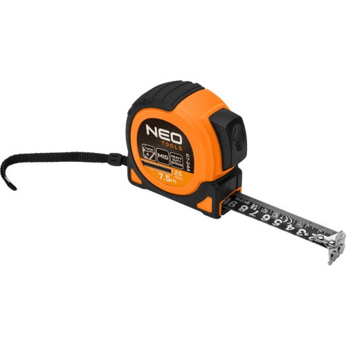 NEO TOOLS Mérőszalag, 7,5m/25mm, erősített rugós, acél, fekete szalag fehér nagyított skálával, mágneses, autostop+rögzítő 67-244