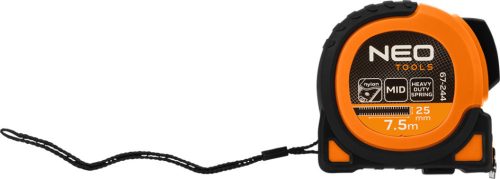 NEO TOOLS Mérőszalag, 7,5m/25mm, erősített rugós, acél, fekete szalag fehér nagyított skálával, mágneses, autostop+rögzítő 67-244