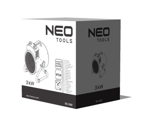 NEO TOOLS Ipari elektromos hősugárzó 3kW, állíth. üzemmód, IPX4(vizálló), állíth. szög, szabadonálló, 354 m3/h 2 év garanciával 90-068
