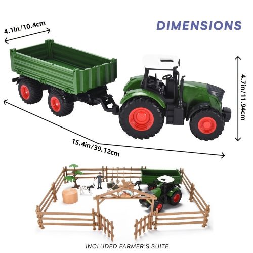 Zöld traktor és pótkocsi játékkészlet farmer kocsival