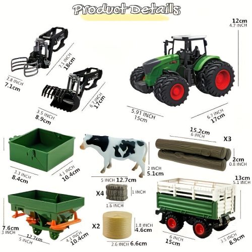 41,91 cm-es 1/24-es méretarányú farm traktor játékkészlet pótkocsival