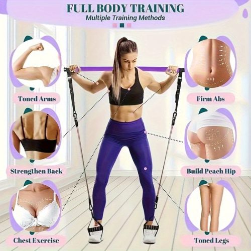 8db Készlet - Pilates Bar Készlet 4 Ellenállási Szalaggal (63.5 KG) 8 részes rózsaszín【63.5 kg】