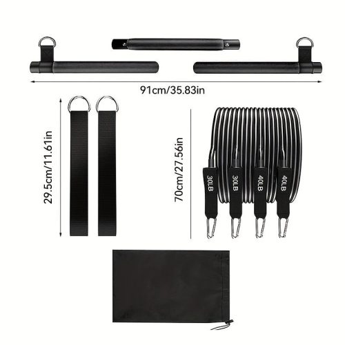 8db Készlet - Pilates Bar Készlet 4 Ellenállási Szalaggal (63.5 KG) 8 részes rózsaszín【63.5 kg】