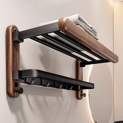 Kiváló minőségű diófa törülközőtartó, alumíniummal, fali tároló, nincsenek lyukak, elegáns törülközőtartó fürdőszobába, tartó a fürdőszobában, törülközőtartó