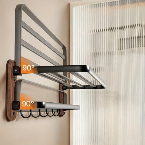 Kiváló minőségű diófa törülközőtartó, alumíniummal, fali tároló, nincsenek lyukak, elegáns törülközőtartó fürdőszobába, tartó a fürdőszobában, törülközőtartó