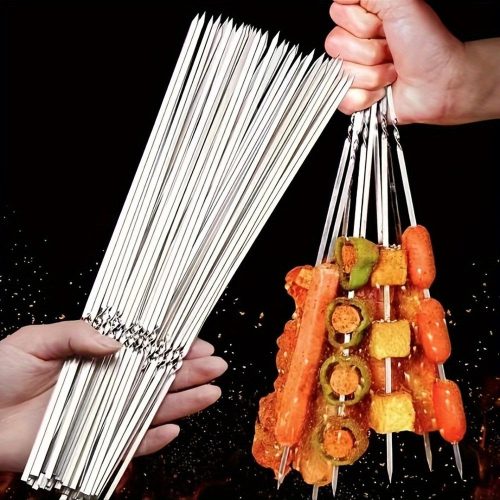 20/50db rozsdamentes acél grillező tűk, tartós, újrafelhasználható, könnyen tisztítható, alkalmas kültéri és beltéri grillezéshez Lapos bot-30cm - 20 db
