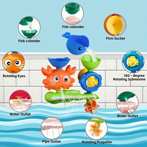 Interaktív szívókorongos fürdőkészlet forgatható vízkerékkel és fröccsenési funkcióval